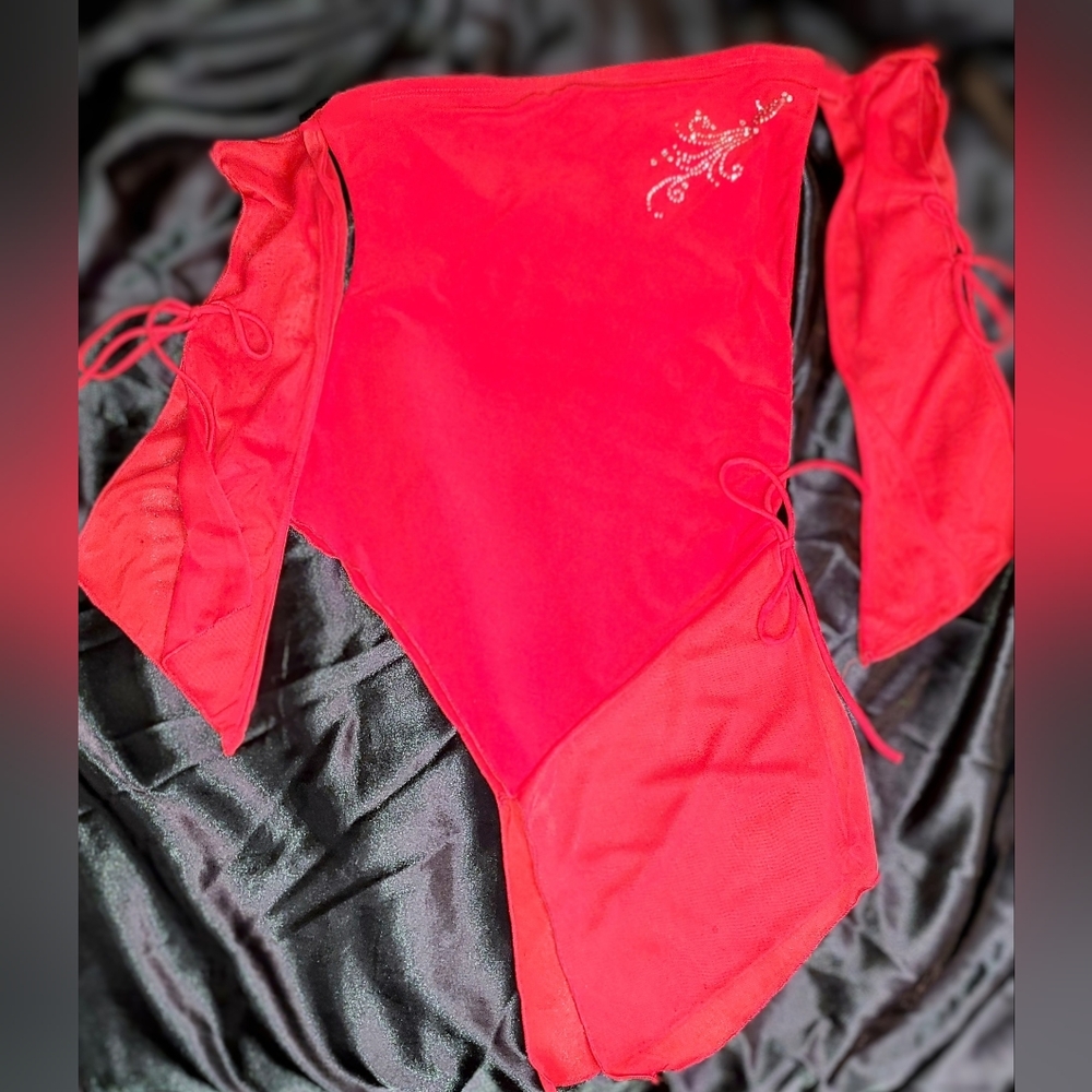 Y2k Red Strapless Sexy Top with Sheer sleeves L